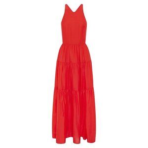 Bird & Knoll Dress Emmaline Silk Cotton Blend Cross Back Tiered Maxi Candy Apple